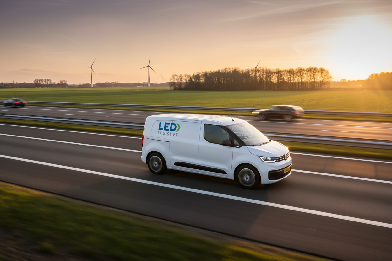 een transport busje van koeriers op de snelweg aestethic met LED logistiek logo erop